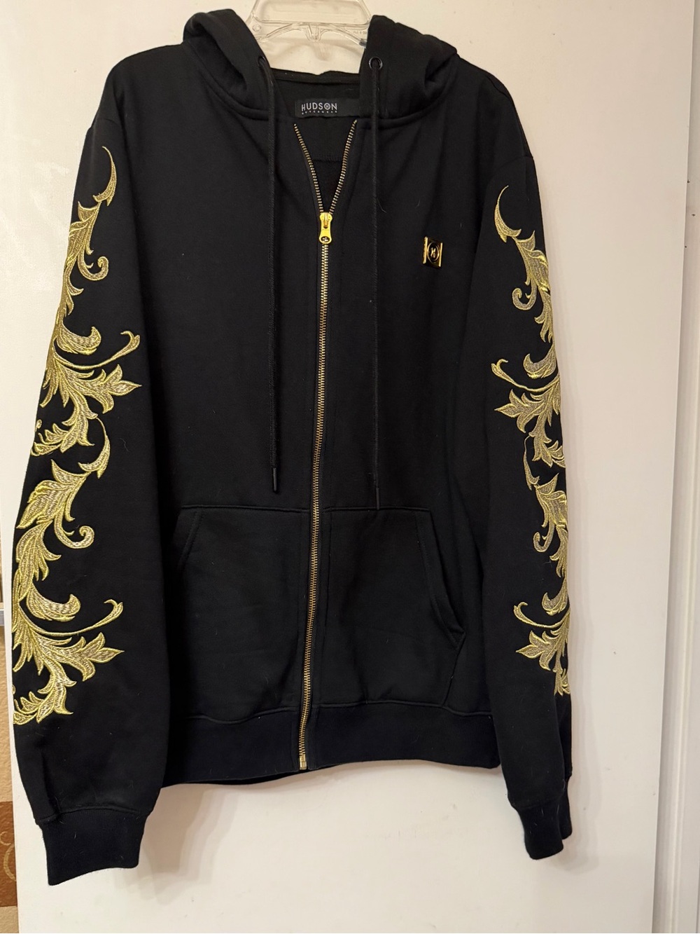 Hudson Premium Jeans Black Fleece Hoodie with Gold Embroidered sleeves